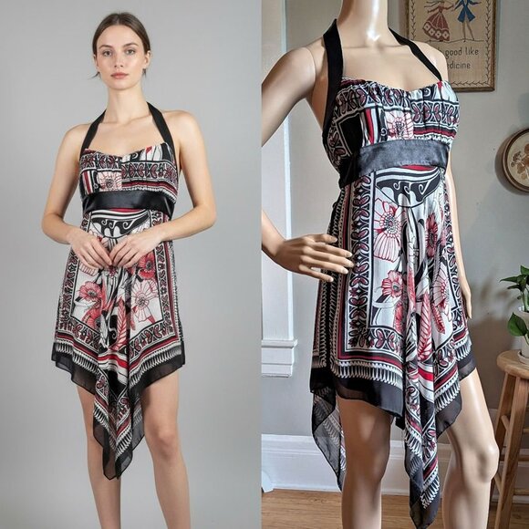 Vintage Y2K Trixxi Halter Dress Red Handkerchief Floral Whimsigoth Jrs Size 5 - Picture 1 of 10